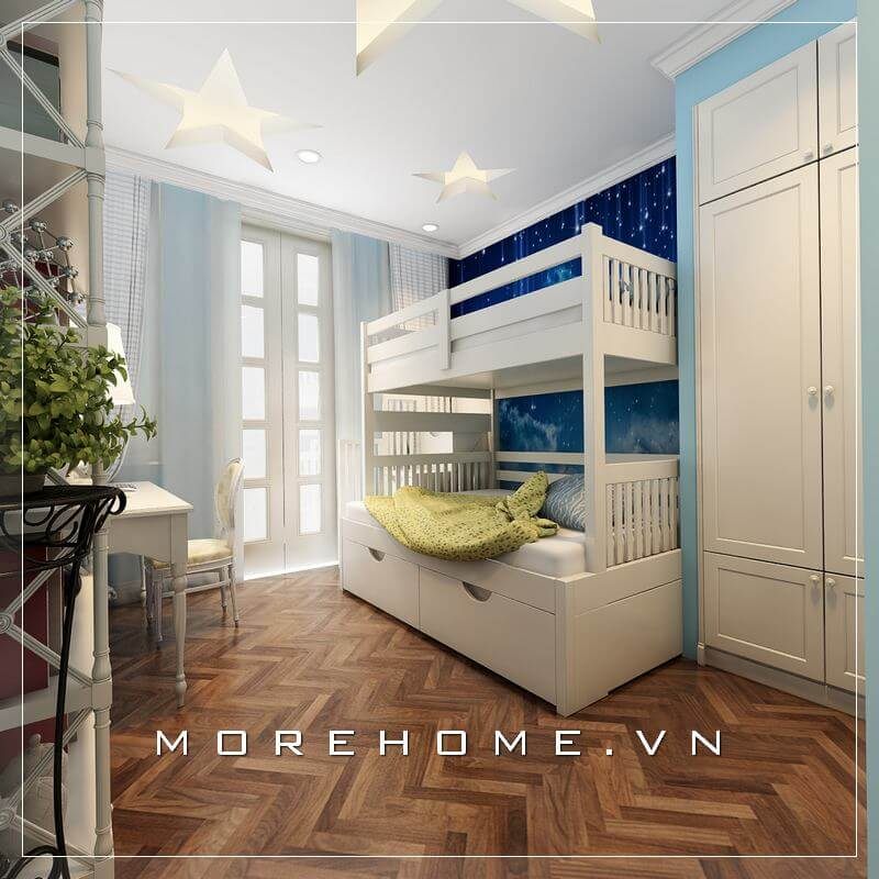 Để trang trí phòng ngủ của hai bé trai đẹp và tiện nghi, một chiếc giường tầng đa năng đã được lựa chọn phù hợp với không gian của căn hộ chung cư diện tích nhỏ.